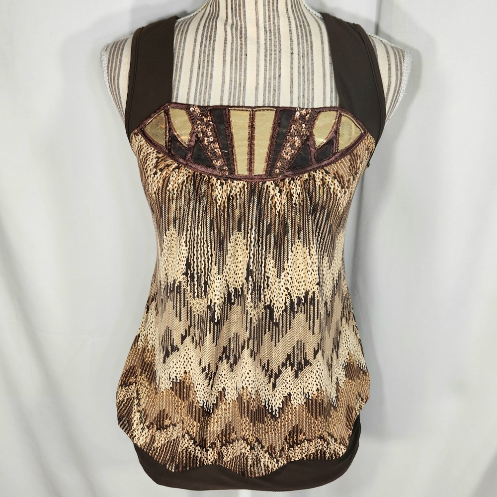 Mandee Brown Tan Gold Metallic Sequins Sleeveless Balloon Hem Top Size Medium